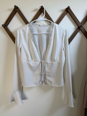 Elegant Cream Lace-Trim Tie-Front Women's Top